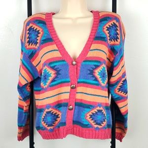 Vintage Nuovo knit cardigan sweater multicolor southwest Aztec buttons up size S